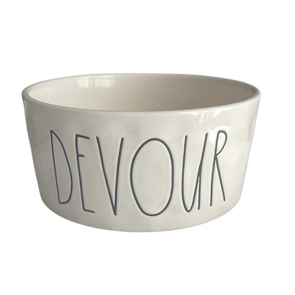 RAE DUNN "Devour" Ceramic Dog Bowl - White Dishwasher & Microwave Safe